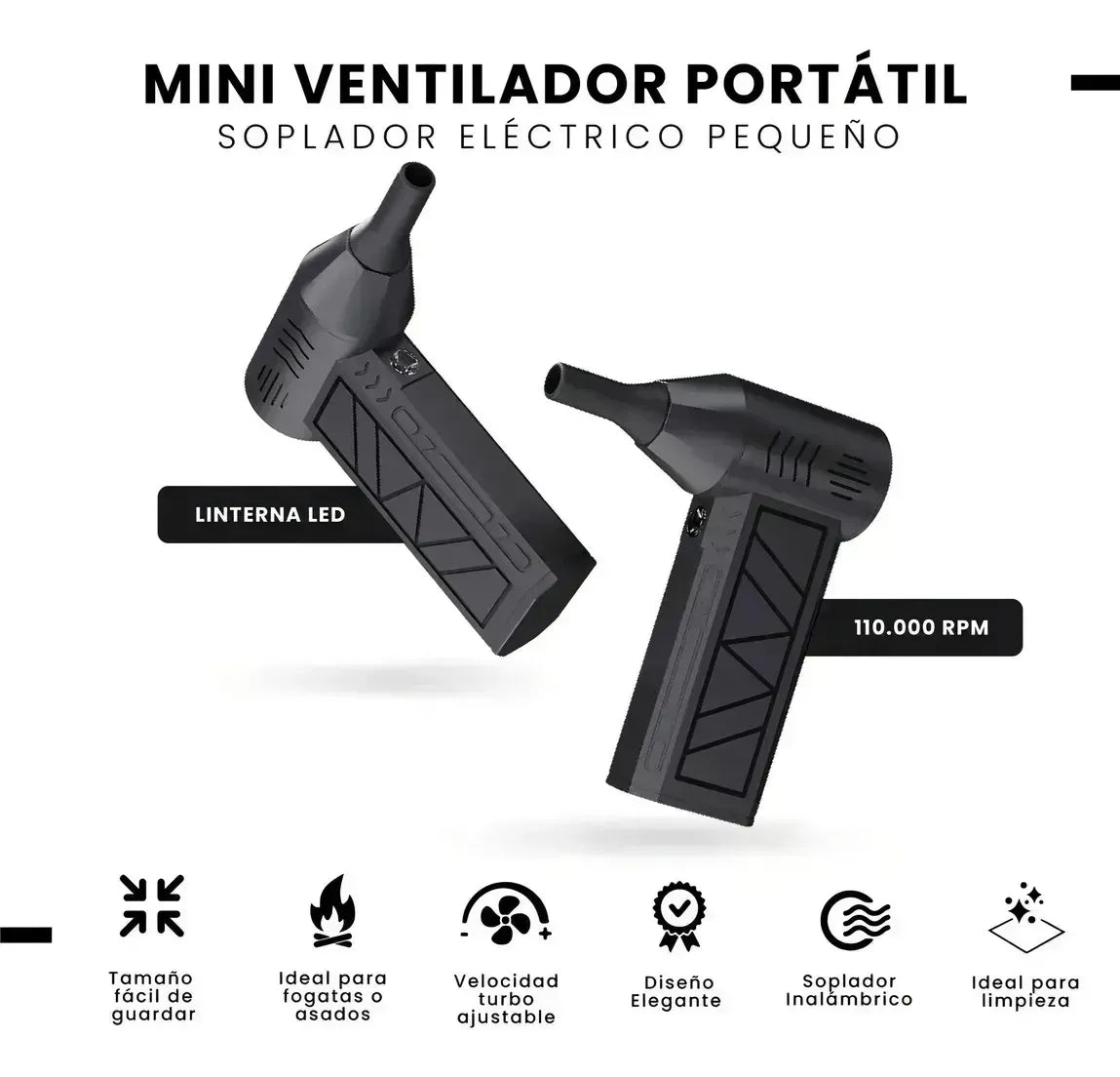 Mini Ventilador Portátil Soplador Eléctrico - linterna LED y 110.000 RPM