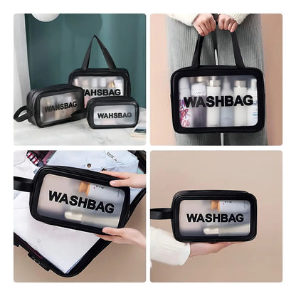 Set x3 Washbag rosa en tamaños L, M y S sobre mesa de mármol