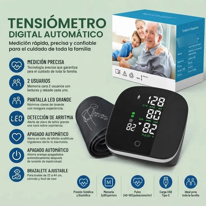 Adulto mayor midiendo presión arterial con tensiómetro de muñeca digital