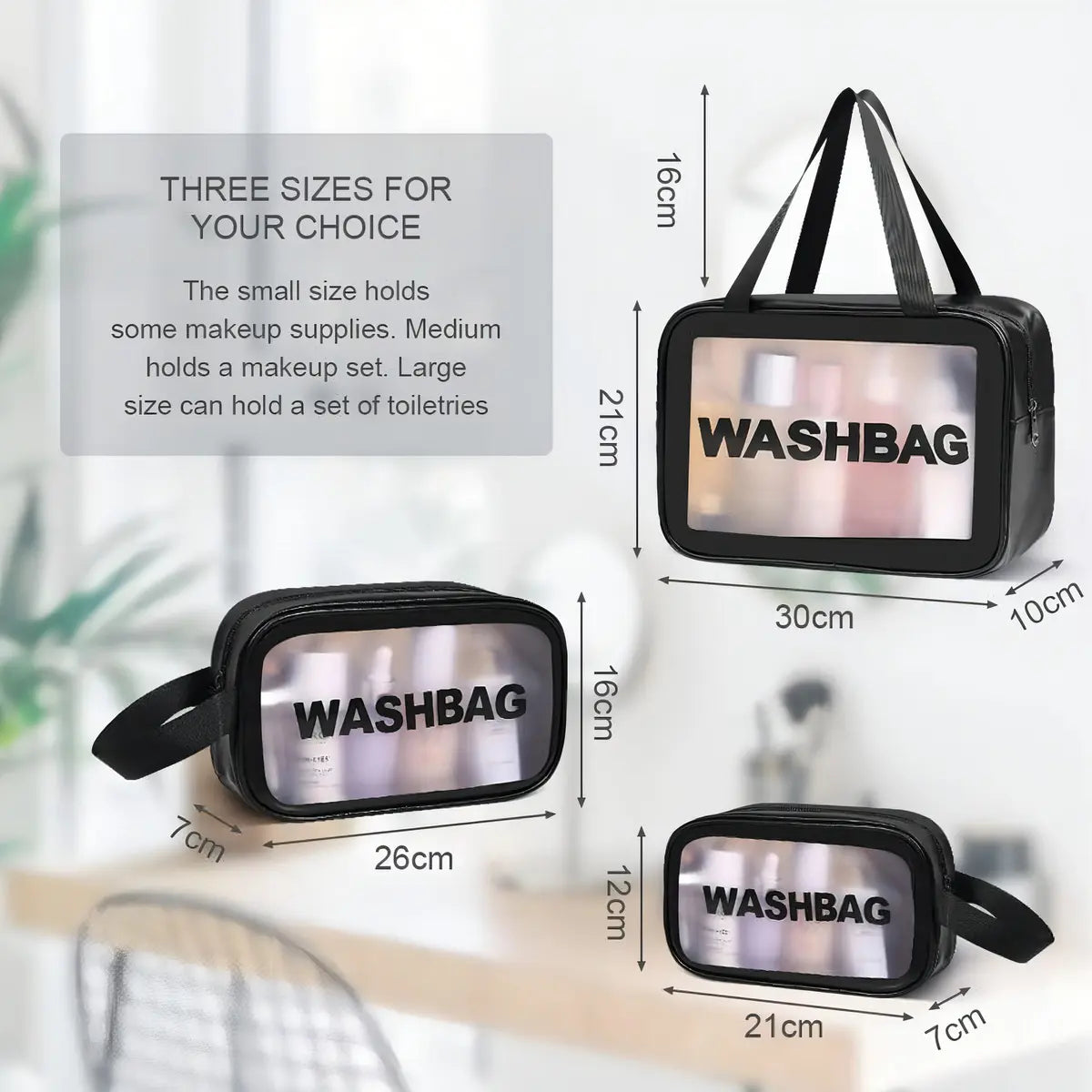 Medidas de los 3 tamaños Washbag: Grande 30x21x10cm, Mediano 26x16x7cm, Pequeño 21x12x7cm