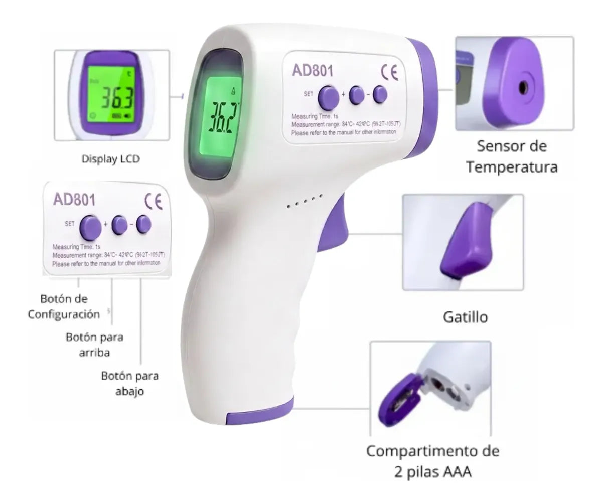 Termómetro AD801 – detalle de display LCD, sensor infrarrojo, botones de configuración, gatillo y compartimento de pilas AAA