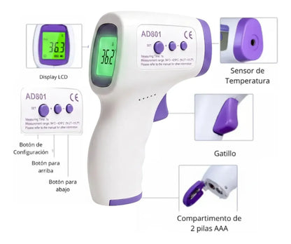Termómetro AD801 – detalle de display LCD, sensor infrarrojo, botones de configuración, gatillo y compartimento de pilas AAA