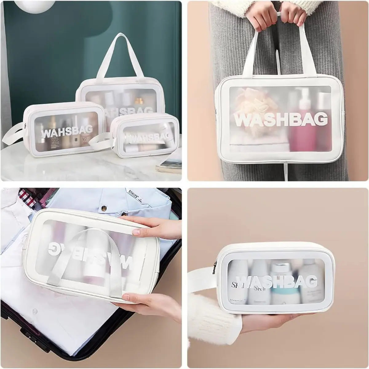 Washbag negro siendo guardado en valija – organizador de viaje PVC transparente