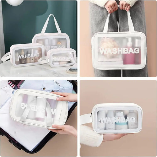 Washbag negro siendo guardado en valija – organizador de viaje PVC transparente