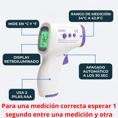 Termómetro AD801 con especificaciones: rango 34-42.9°C, mide en °C y °F, display retroiluminado, apagado automático 30 seg, 2 pilas AAA