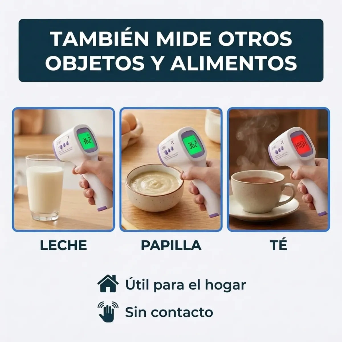Termómetro AD801 midiendo leche, papilla y té – también mide objetos y alimentos sin contacto