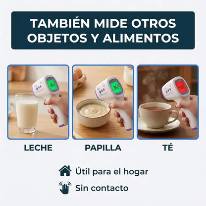 Termómetro AD801 midiendo leche, papilla y té – también mide objetos y alimentos sin contacto