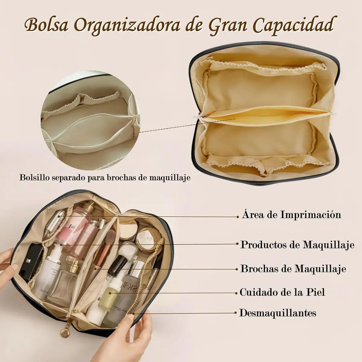 Neceser Laziness negro abierto lleno de maquillaje, fragancias y productos de skincare – vista superior