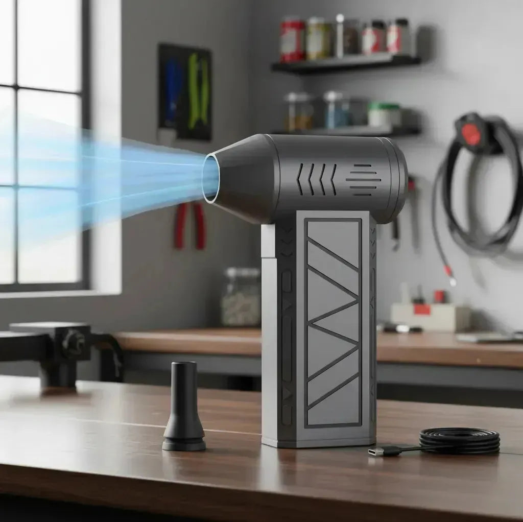 Soplador Mini Jet Fan Turbo en mesa de trabajo con chorro de aire azul