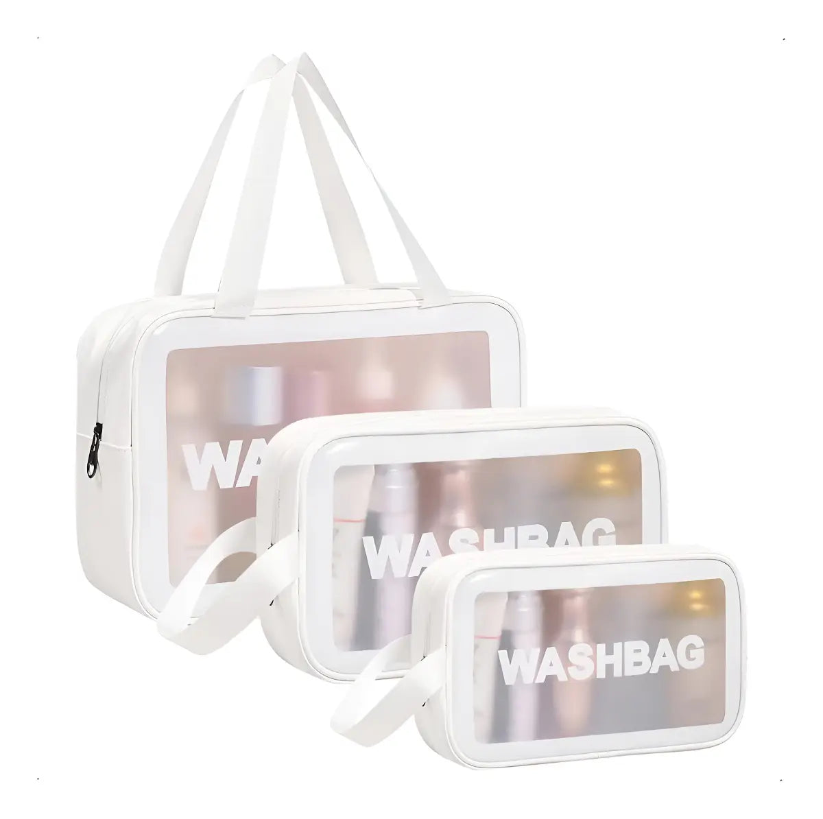 Washbag blanco tamaño grande – mujer sosteniendo neceser transparente PVC con asa