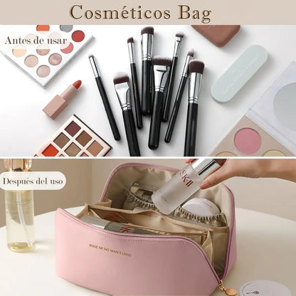 Infografía interior neceser Laziness: bolsillo para brochas, área de maquillaje, skincare y desmaquillantes