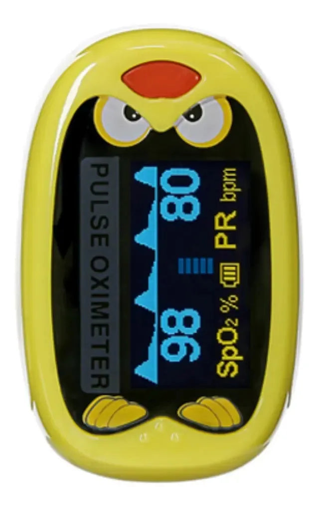 Oxímetro infantil pollito – vista frontal de pantalla OLED mostrando SpO2 98% y PR 80 bpm con gráfica de onda