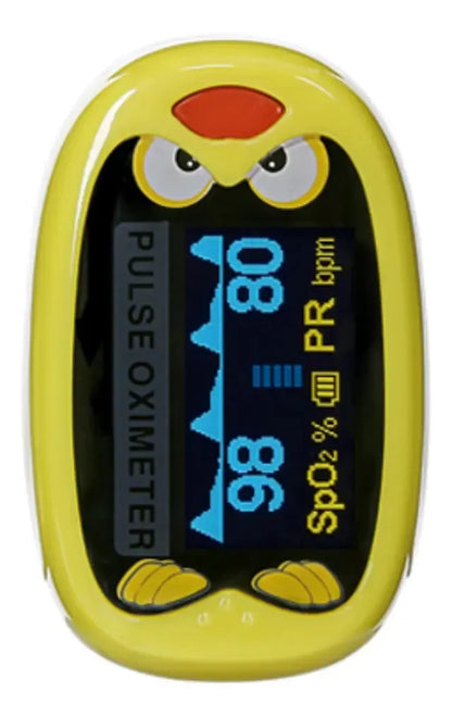 Oxímetro infantil pollito – vista frontal de pantalla OLED mostrando SpO2 98% y PR 80 bpm con gráfica de onda