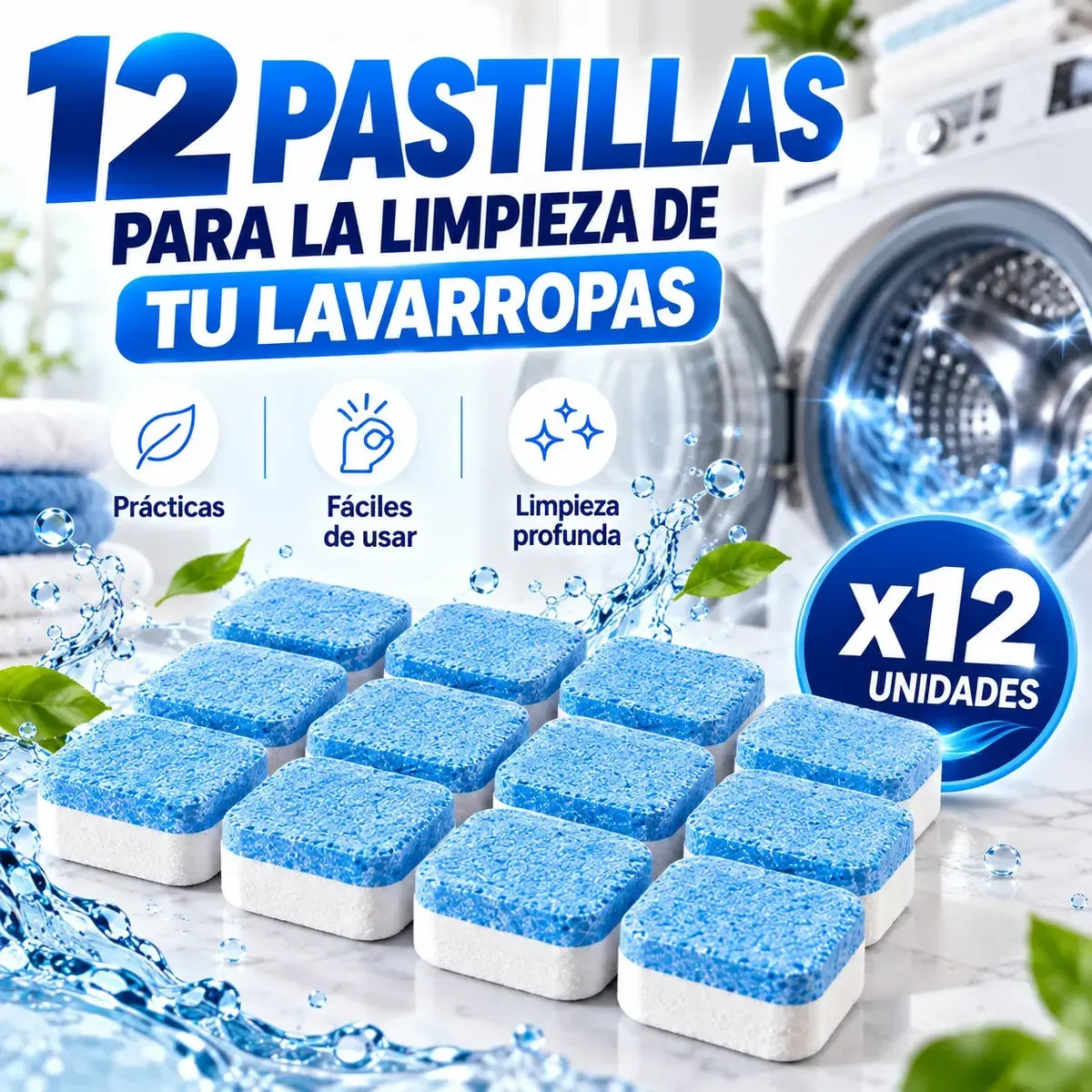 Presentación de 12 pastillas limpiadoras de lavarropas