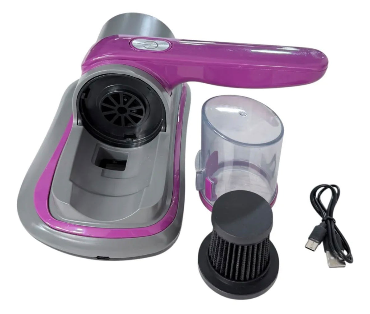 Aspiradora antiácaros con luz UV sobre colchón blanco con depósito visible