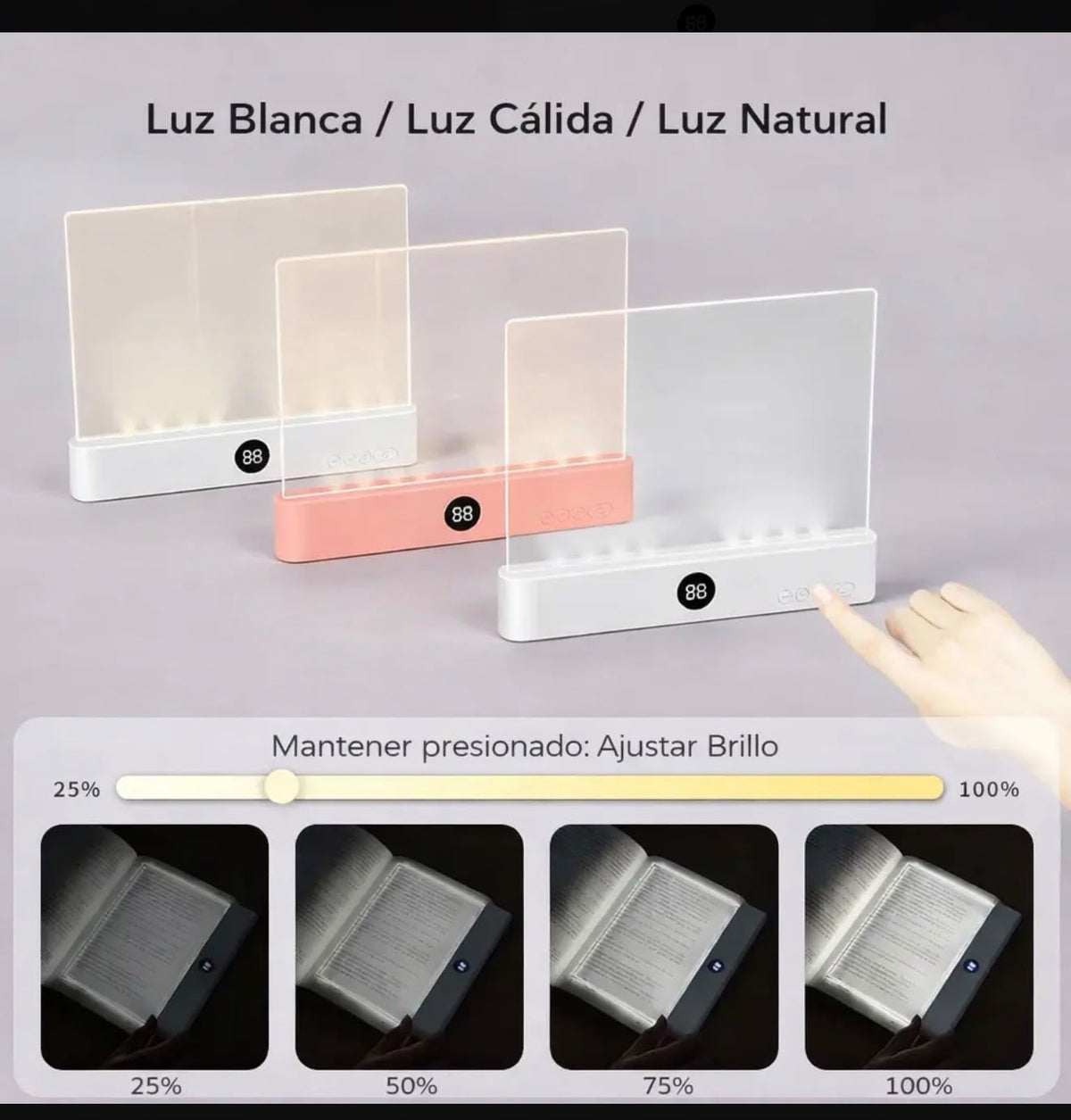 Lámpara LED plana apoyada sobre libro con luz cálida encendida