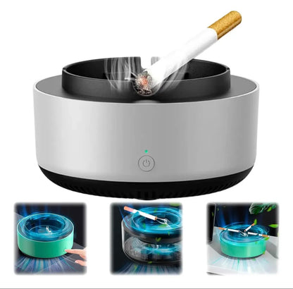 Cenicero electrónico plateado y verde con humo siendo absorbido – variantes de color