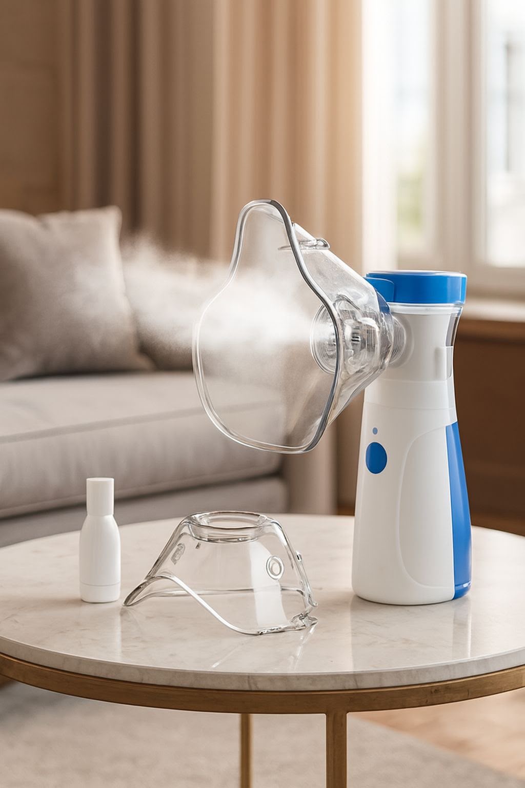 Nebulizador portátil sobre mesa con accesorios