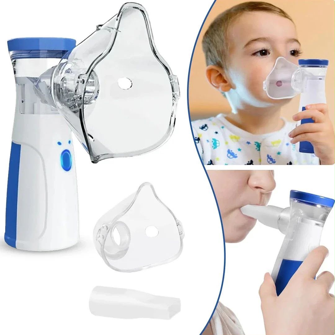 Nebulizador portátil en uso por adulto y niño con máscaras