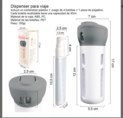 Dimensiones del dispenser 4 en 1 para viaje: contenedor 7x5.5x17cm, botellas 40ml