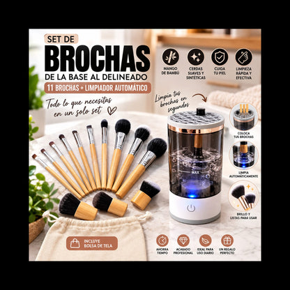 Set completo: limpiador de brochas + 11 brochas bambú + bolsa de tela