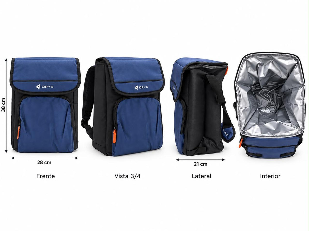 Mochila nevera térmica 25L ORYX – vistas frente, lateral e interior con dimensiones